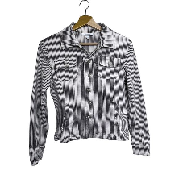 DressBarn Denim Jacket Womens Small Cream Black Striped Long Sleeve Button Up - Picture 5 of 5